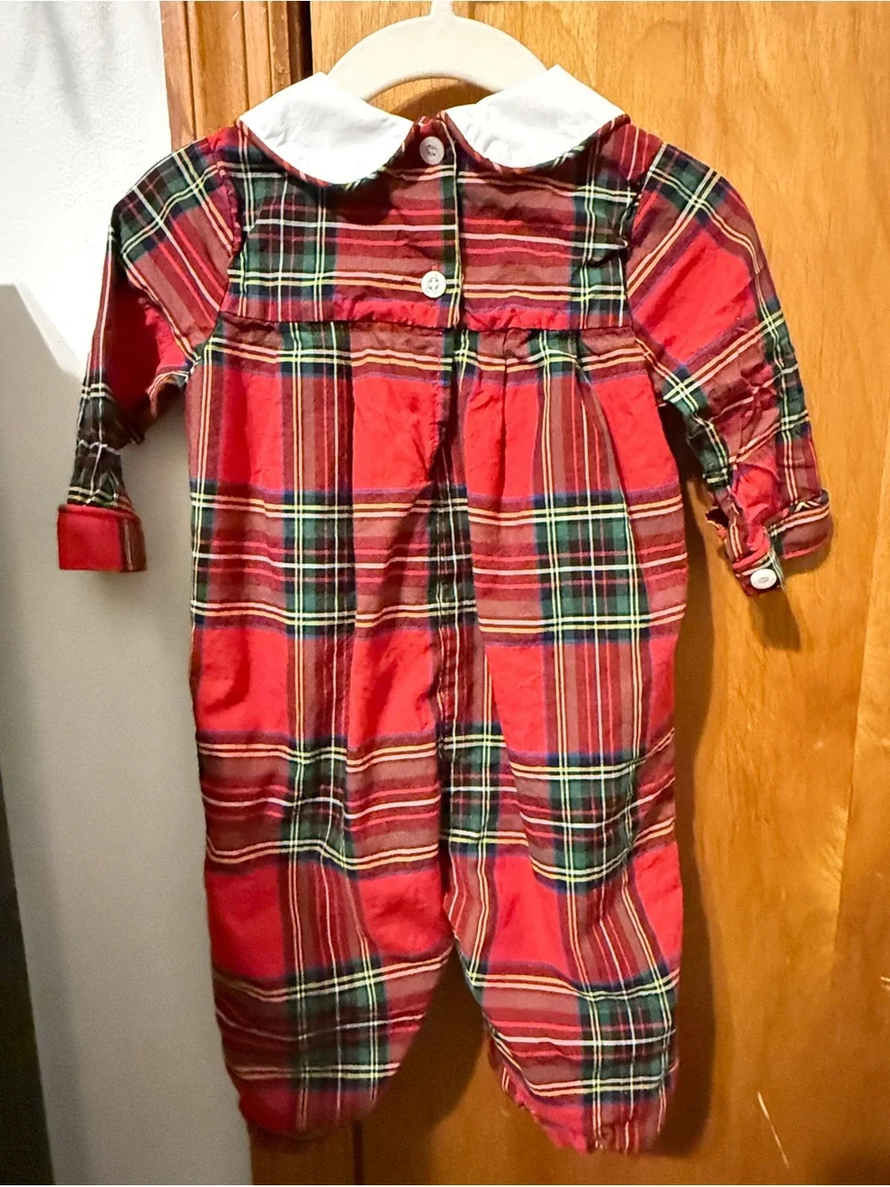 Cecil & Lou Red Plaid Christmas Long Romper 6M Peter Pan Collar Monogram B
